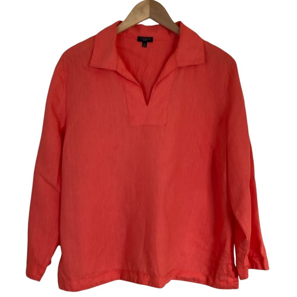 Talbots Popover Long Sleeve Linen‎ Blend Top Womens Size XLP Orange V Neck